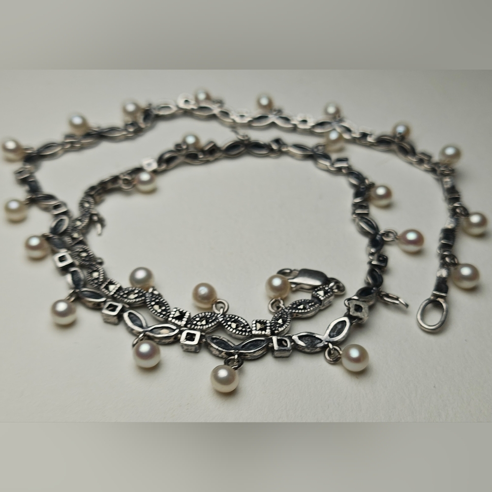 ( SOLD )Sterling Silver  Marcasite Pearl Necklace